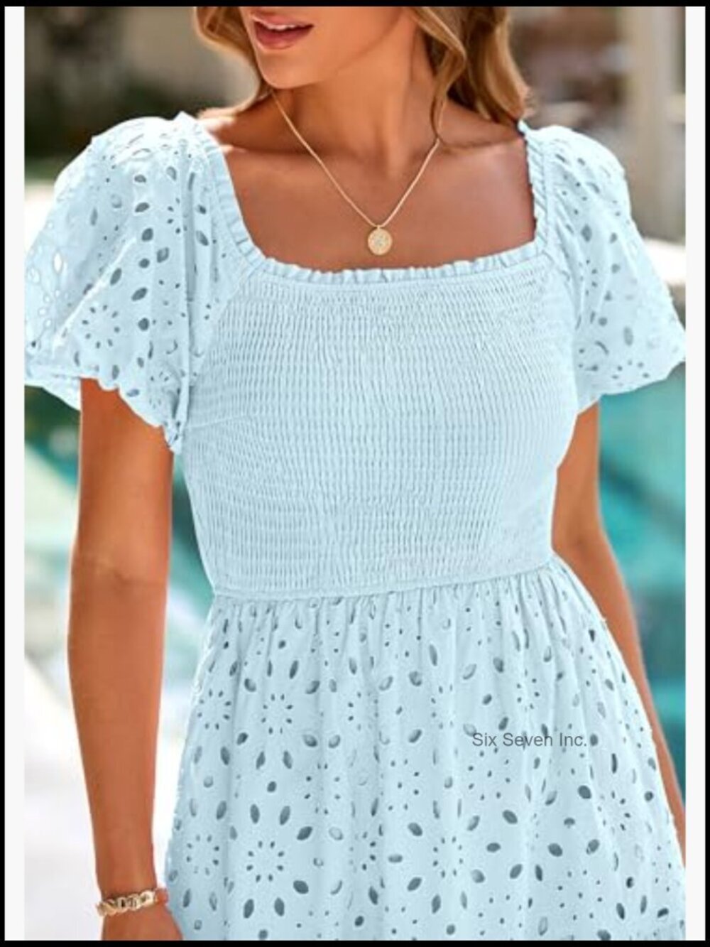 Cotton Eyelet Square Neck Puff Sleeve Smocked Maxi Dress with Pockets - Picture 5 of 7